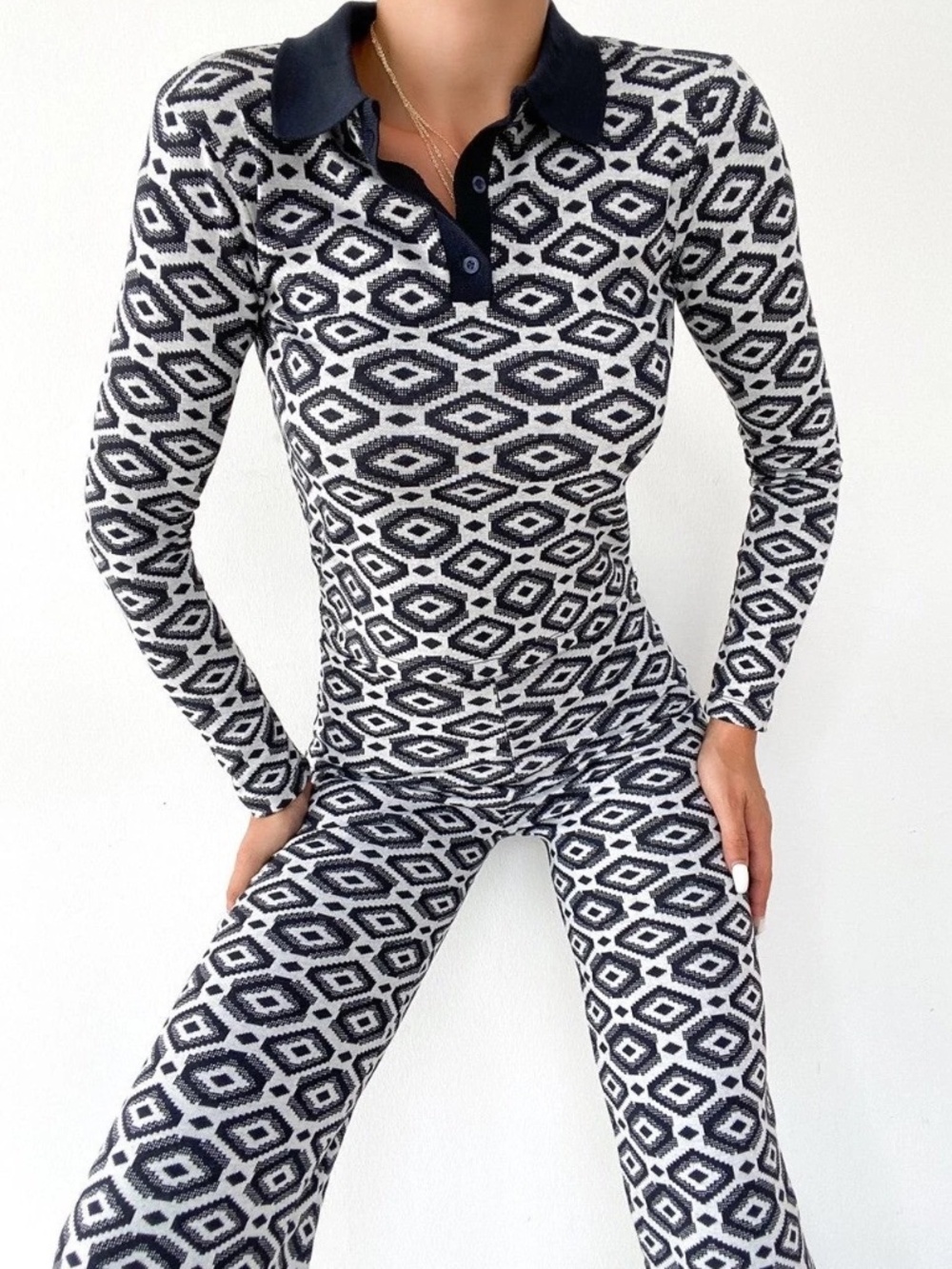 Navy & White Geometric Checkered Matching Set Long Sleeve Polo Top & Pant Size S